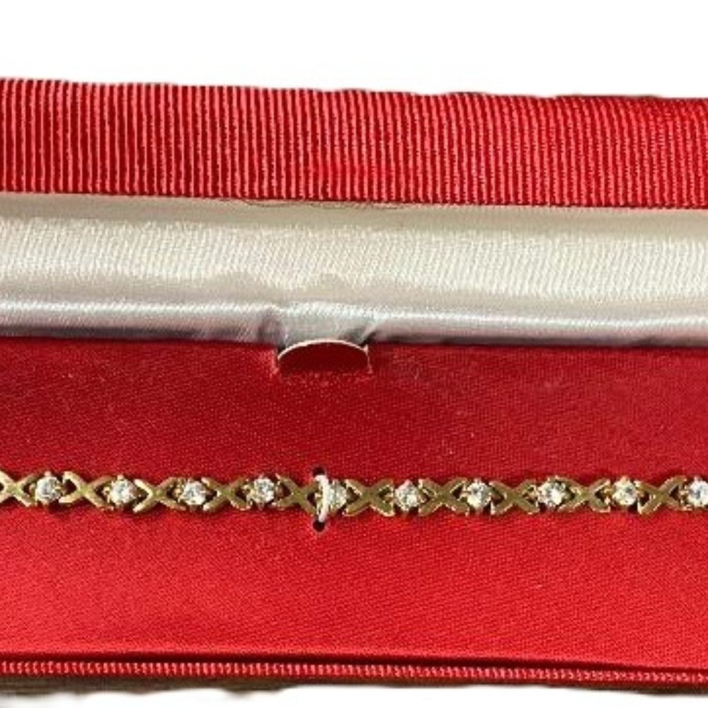 CZ X Tennis bracelet 18KT yellow Surgical Steel box double saftey clasp New